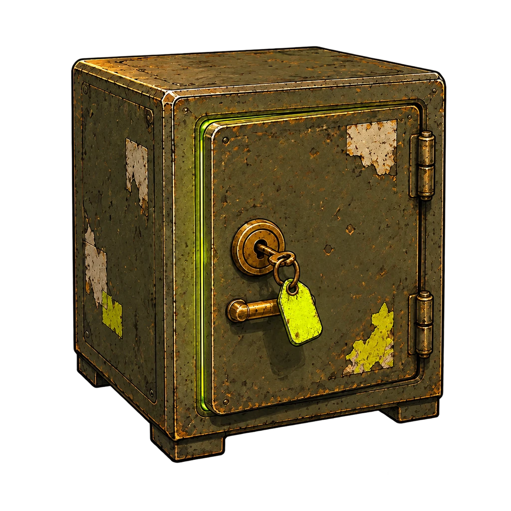 A worn basement vault with a brass key, a lime key tag, and a faint green glow around the closed door.